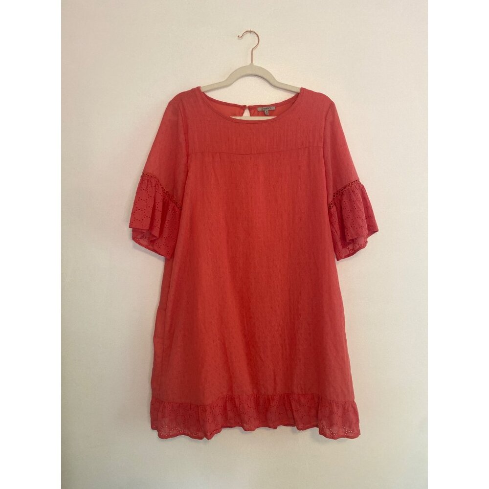 Jodifl Women’s Size M Coral Pink Cotton Dress With Eyelet Flounce Sleeves & Hem,